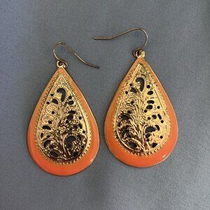 Gold and Peach Filigree Teardrop Earrings
